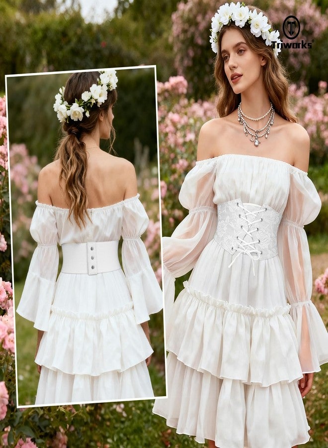 TRIWORKS Women Waist Belt Corset Lace Up Tied Waspie Elastic Wide Belt for Dresses Halloween Pirate Corset White - Image 2